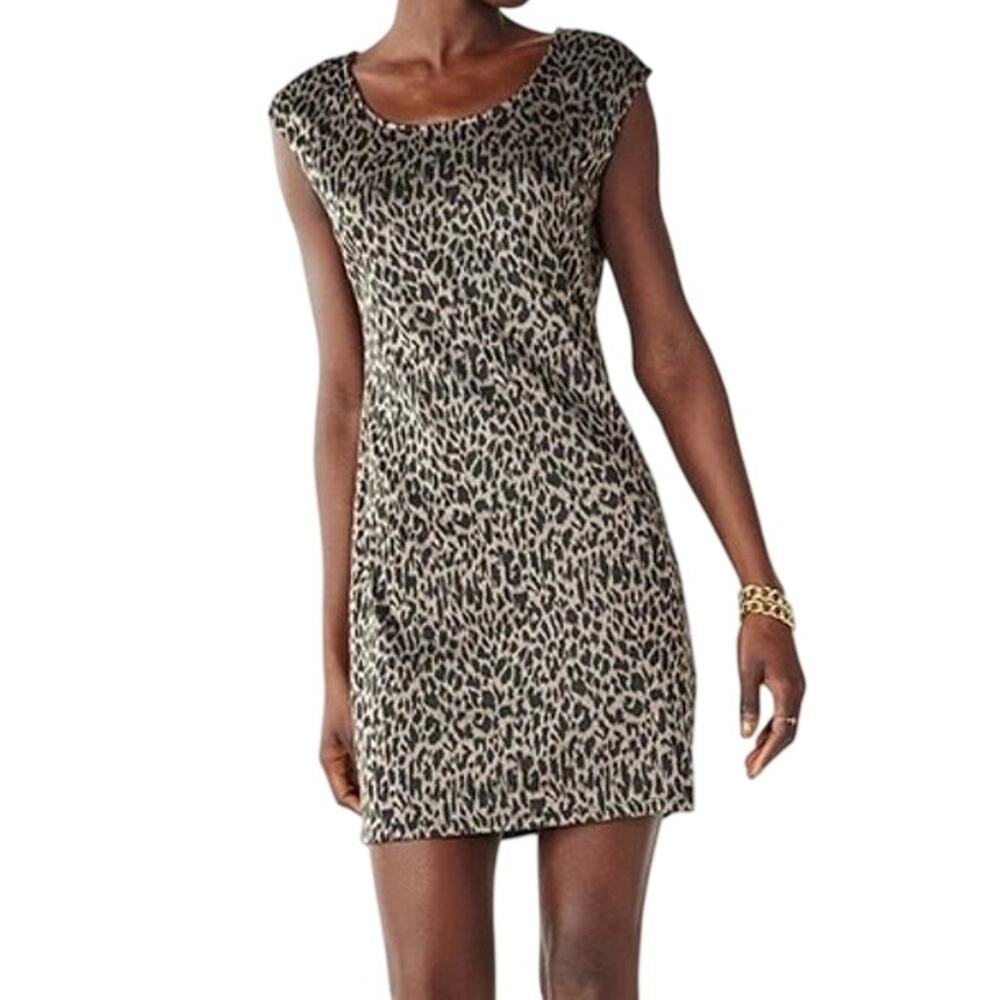 Nine West Dark Grey Cheetah Animal Print Cap Sleeve Mini Dress Women's Large NWT